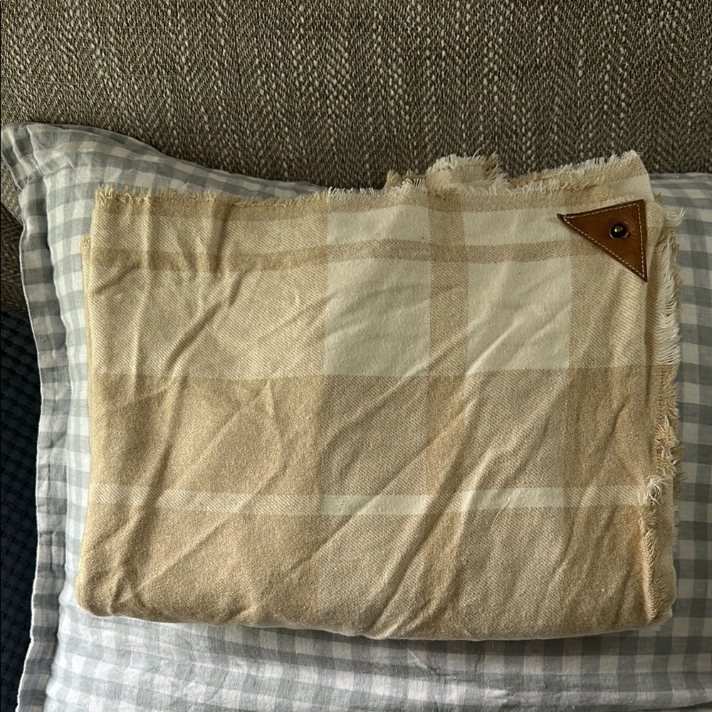 BXB upcycled blanket scarf in neutral plaid
